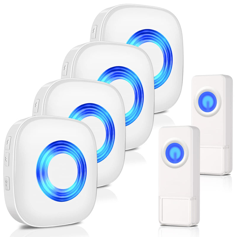 Wireless Doorbell, PHYSEN Waterproof Door bell Chime Kit Operating at 1300-ft Range 58 Adjustable Melodies 5 Volume Levels & LED Flash, Doorbell Alarm for Home/Classroom, 2 Push Buttons+4 Receivers 2 Buttons + 4 Receivers