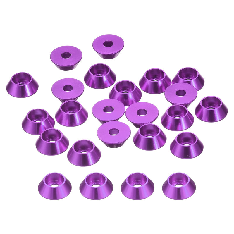 uxcell M3 Cone Cup Countersunk Washers, 20 Pcs Anodized Aluminum Gaskets Cup Head Washer Gasket, Cup Screw Counterbore Gasket for Mechanical Accessories Parts, Purple