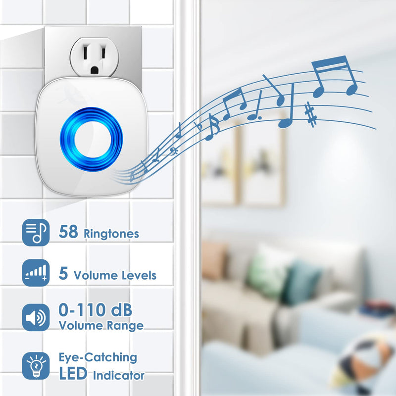 Wireless Doorbell, PHYSEN Waterproof Door bell Chime Kit Operating at 1300-ft Range 58 Adjustable Melodies 5 Volume Levels & LED Flash, Doorbell Alarm for Home/Classroom, 2 Push Buttons+4 Receivers 2 Buttons + 4 Receivers