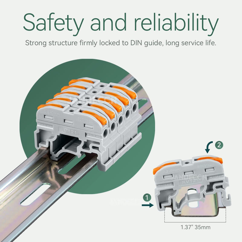 50 Pack DIN Rail Terminal Blocks, Compact Wire Conductor Wiring Connectors for 24-12 AWG