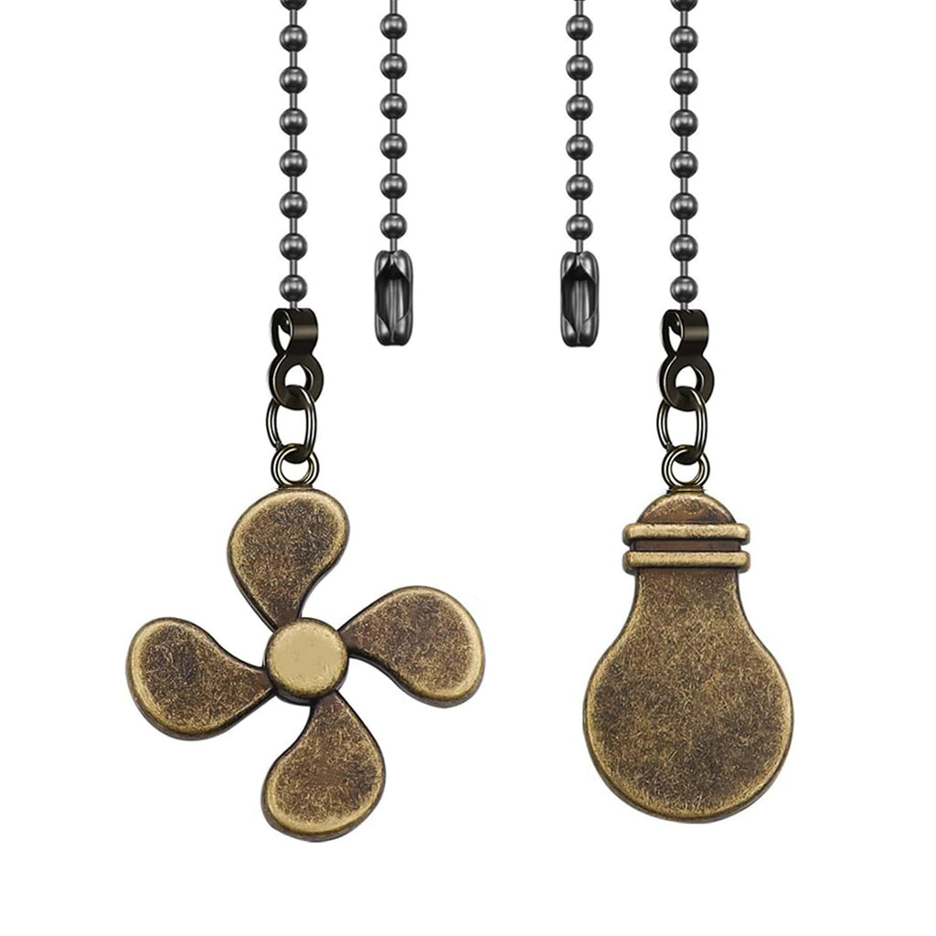 2Pack Metal Fan Light Pull Chains,3mm Diameter Beaded Decorative Ceiling Fan Pull Chain Pendant Extension,12in Fan and Bulb Shape Ornaments Cord Extender for Ceiling Fan Lamp,Bronze Bronze