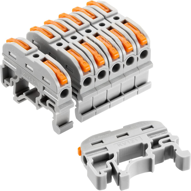 50 Pack DIN Rail Terminal Blocks, Compact Wire Conductor Wiring Connectors for 24-12 AWG