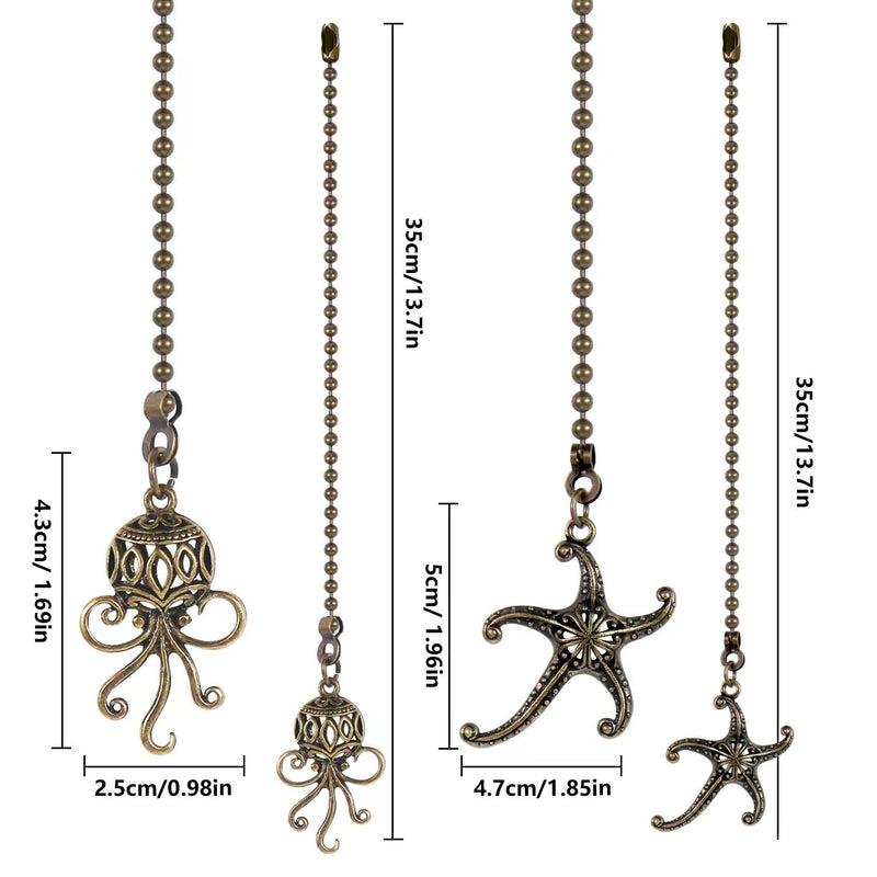 Starfish and Octopus Ceiling Fan Pull Chain, Sea Ocean Theme Pulls Charm Extension Decorative,12in 3mm Diameter Beaded Fan Light Pull Chains Extender Ornaments for Kids Room,Bronze