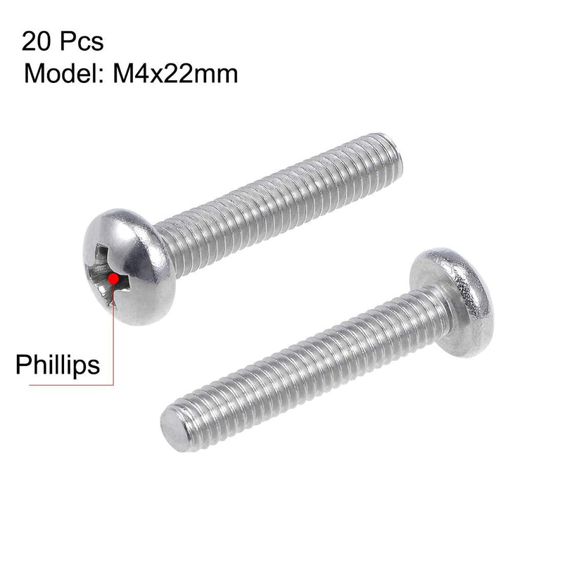 uxcell M4x22mm Machine Screws Pan Phillips Cross Head Screw 304 Stainless Steel Fasteners Bolts 20Pcs
