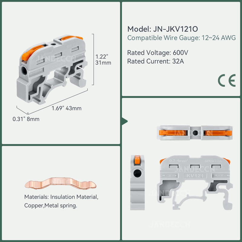 50 Pack DIN Rail Terminal Blocks, Compact Wire Conductor Wiring Connectors for 24-12 AWG