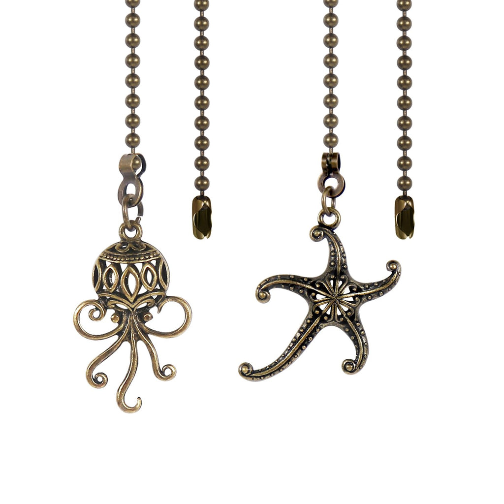Starfish and Octopus Ceiling Fan Pull Chain, Sea Ocean Theme Pulls Charm Extension Decorative,12in 3mm Diameter Beaded Fan Light Pull Chains Extender Ornaments for Kids Room,Bronze