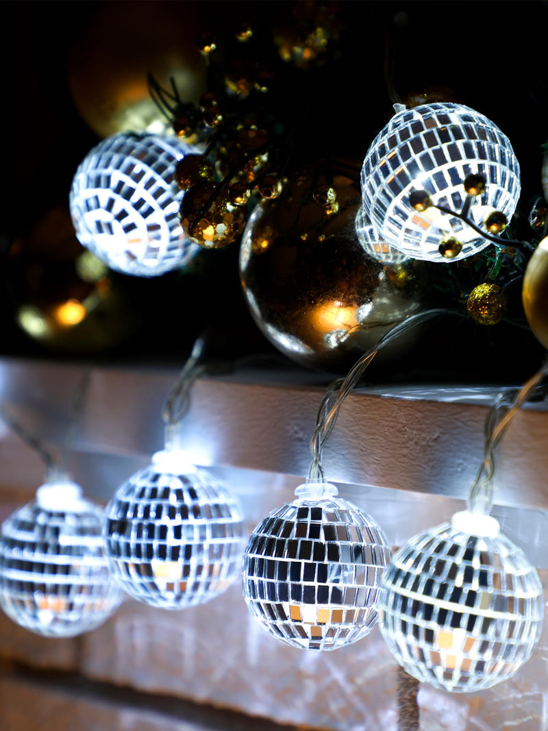 BBTO 10 LED Disco Ball String Light Mirror Disco Ball Ornaments 70s 80s 90s Disco Party Supplies Battery Powered Disco Balls with String for Christmas Tree Holiday Decor(Silver White,1.57 Inch) Silver White 1.57 Inch