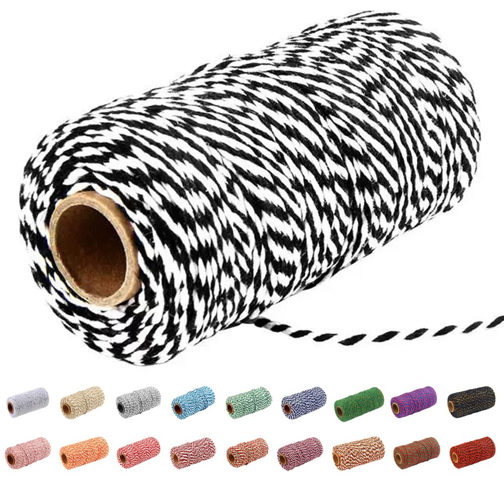 Christmas Twine,328 Feet Cotton Twine Natural Twine String Cords for Crafts, Wrapping Gifts, Hanging Ornaments,Kitchen,Gardening(Black and white) 328 Feet/Black and white