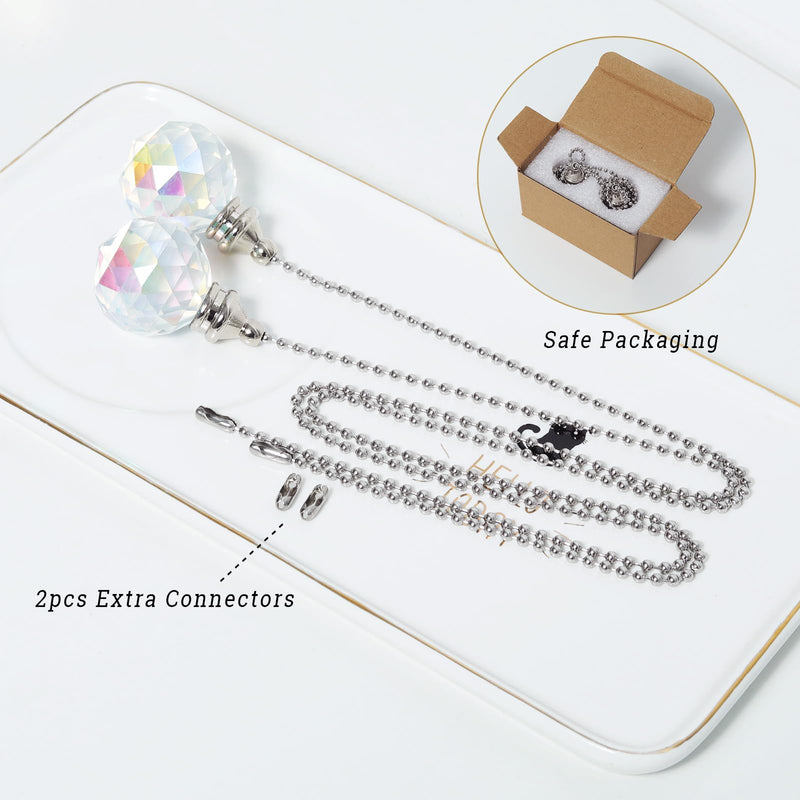Ceiling Fan Pull Chain, 2pcs AB Coat 30mm Crystal Prism Ball Fan Pull Chain, Fan Pulls Set with Connector Ceiling Fan Pull Chain Ornaments Lighting Accessories