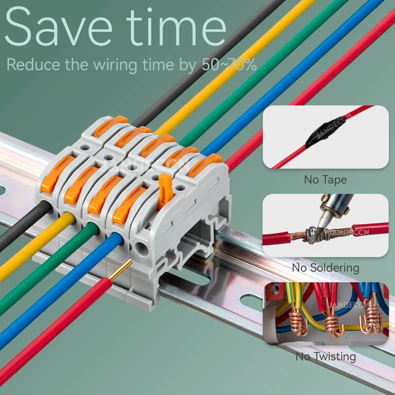 50 Pack DIN Rail Terminal Blocks, Compact Wire Conductor Wiring Connectors for 24-12 AWG