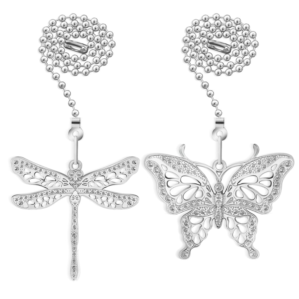 Silver Ceiling Fan Pull Chain Extender,Dragonfly and Butterfly Decorative Fan Chain Pendant Extension,12in Chain 3mm Beaded Fan String Chain Ornaments with Connector for Fan Lamp,2Pack Silver