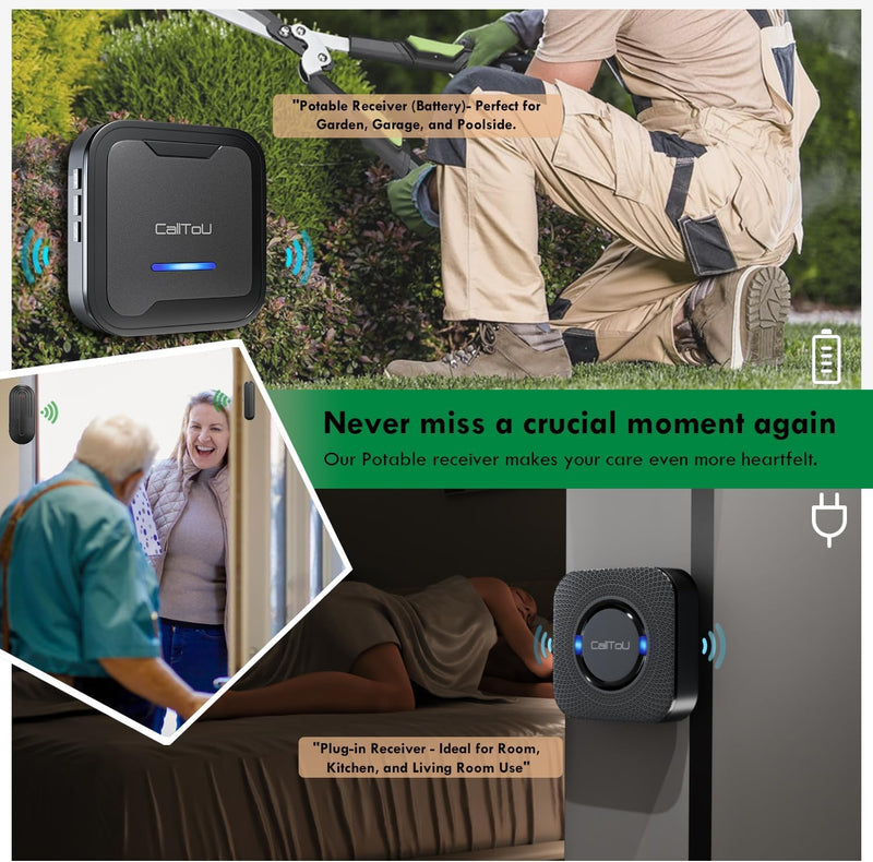 CallTou Door Alarms for Dementia, Wander Alert Door Alarm for Elderly Dementia /Patients/ Alzheimers, Wireless Door Chime Elderly Monitoring, Door Open Chime for Caregiver Home Care, Black
