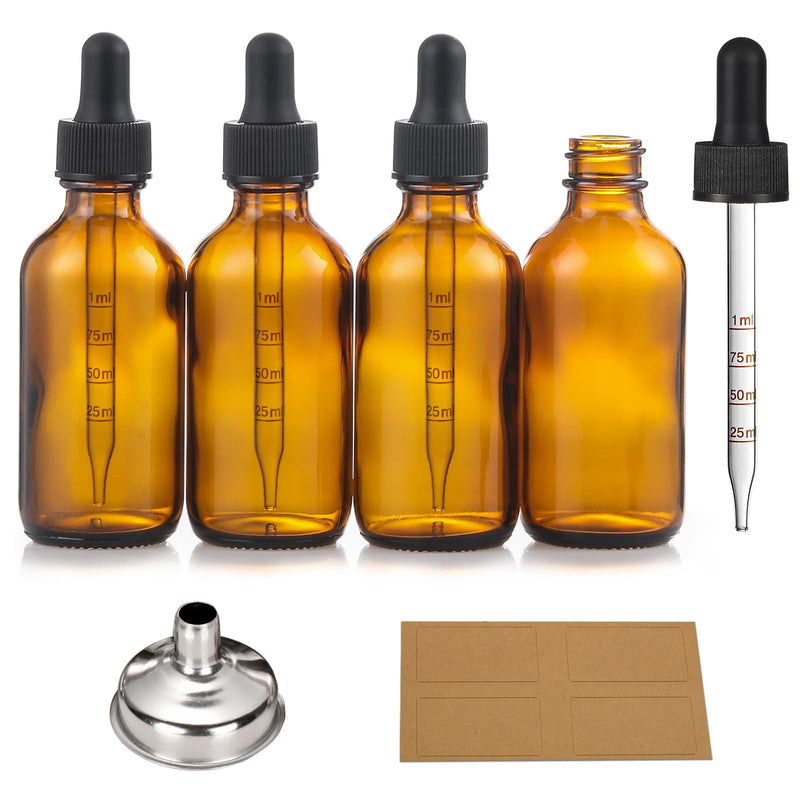 2 oz Dark Amber Glass Dropper Bottles with Measurement Dropper, 4 Pack- 60ml Thick Tincture Bottles with Measured Eye Dropper, Leakproof Essential Oils Bottles for Health, Personal Care & Beauty