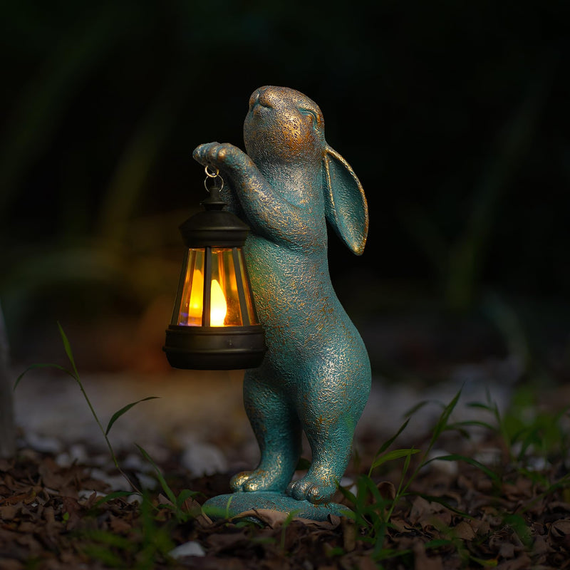 MININOVA Garden Statues Rabbit with Solar Lantern Outdoor Bunny Figurines Decorations for Patio Yard Lawn Ornaments Gifts for Birthday Easter Housewarming Bronze