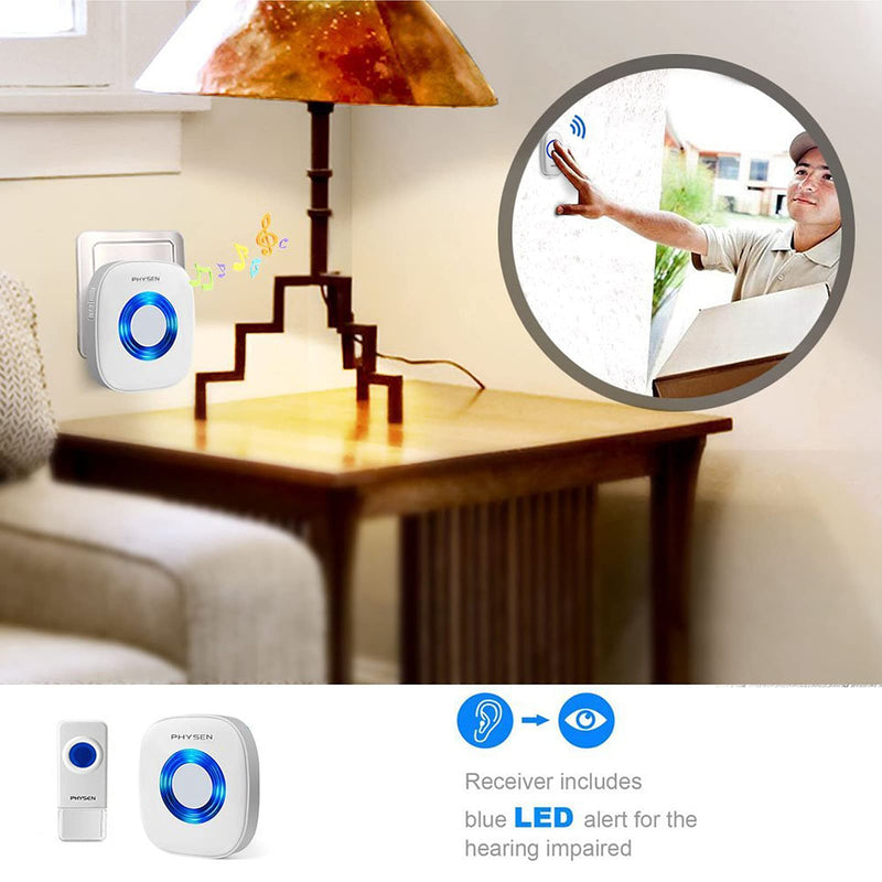 Wireless Doorbell, PHYSEN Waterproof Door bell Chime Kit Operating at 1300-ft Range 58 Adjustable Melodies 5 Volume Levels & LED Flash, Doorbell Alarm for Home/Classroom, 2 Push Buttons+4 Receivers 2 Buttons + 4 Receivers