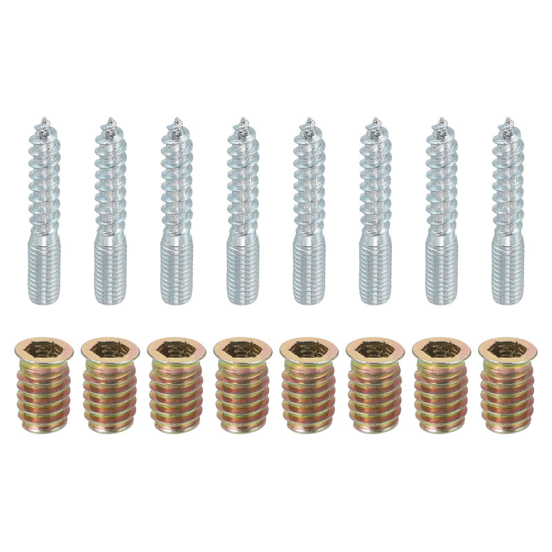 uxcell M8x50mm Hanger Bolts, 8pcs 31mm Wood Dowel Screw Self-Tapping Screw with 8pcs M8x20mm Threaded Insert Nuts Interface Hex Socket Drive, for Joint Furniture Legs 8