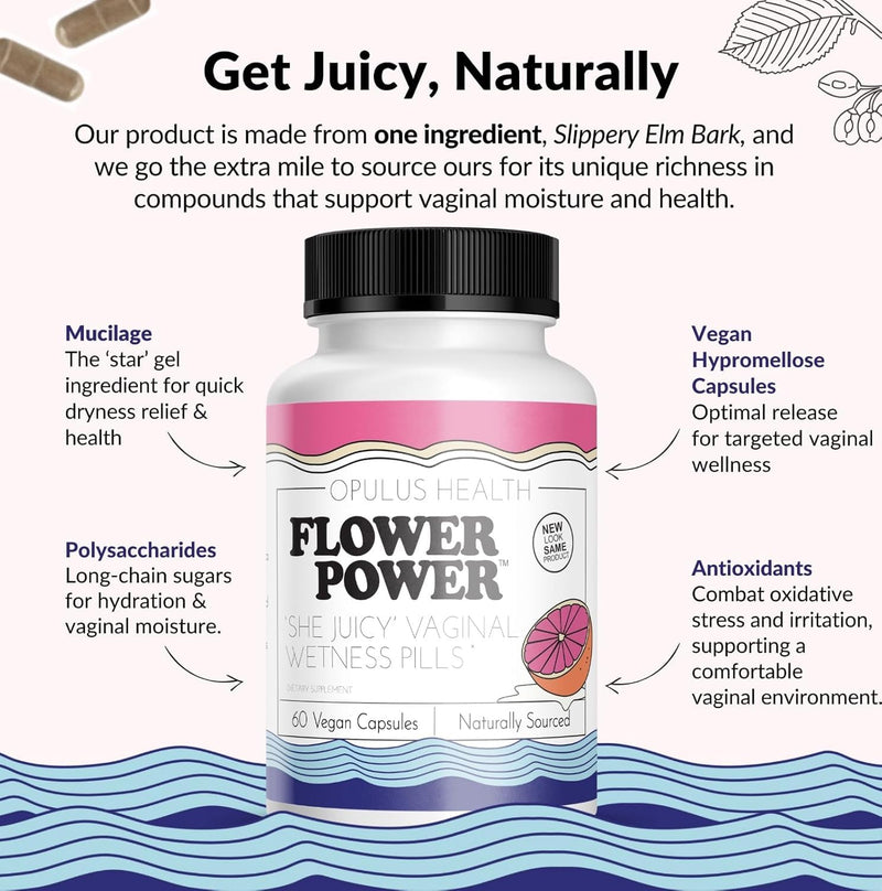 Flower Power She Juicy Vaginal Moisturizer - 60 ct for Vaginal Moisture and Lubrication - End Vaginal Dryness with Slippery Elm Bark - Made in USA
