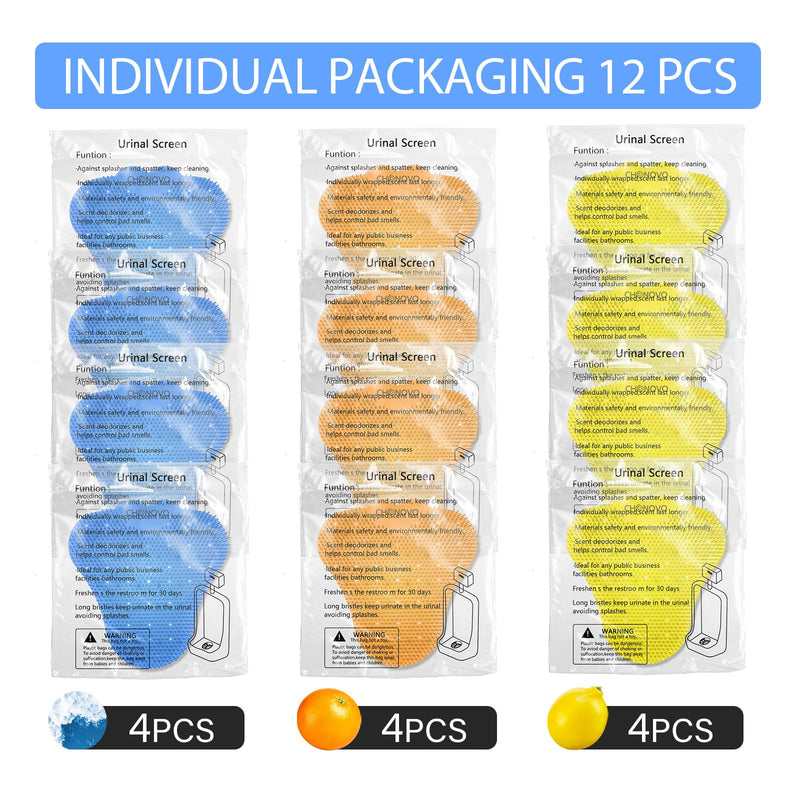 Urinal Screen Deodorizer 12 Pack,Urinal Cakes Deodorizer Bulk Urinal Mats Screens Scented Anti Splash Urinal Pads for Men Bathroom Office School (4 Pcs Ocean Breeze 4 Pcs Lemon 4 Pcs Orange)