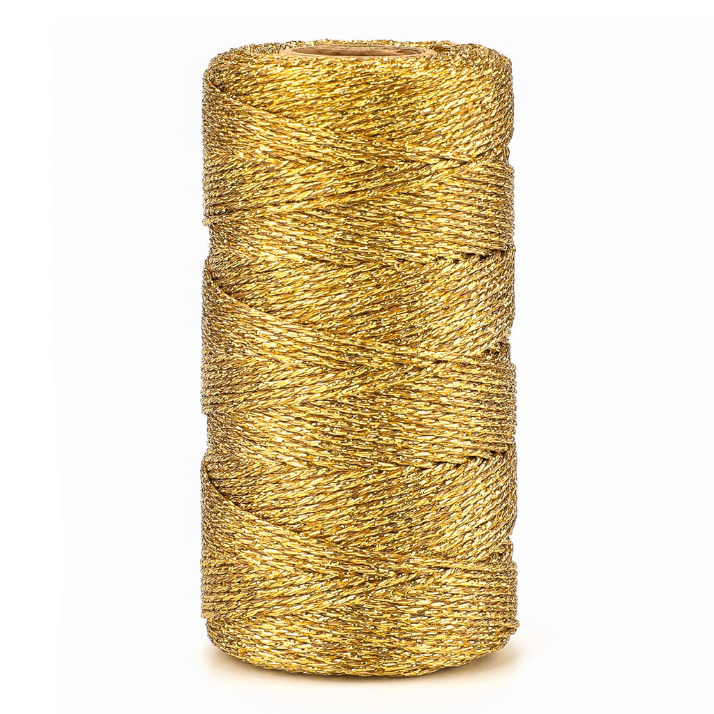 jijAcraft 328 Feet Gold String Twine - 1.5mm Metallic Ornament Thread Gift Wrapping - Inelastic Macrame Glitter Gold Cord for Crafting, Wedding Gift Package, DIY Presents Wrapping Decoration