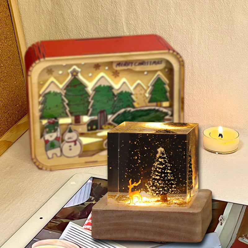 MACADAM Christmas Night Light, Christmas Tree Lamp, Epoxy Resin Night Light, Deer and Christmas Tree Ornaments Bedroom Living Room Decor for Festival
