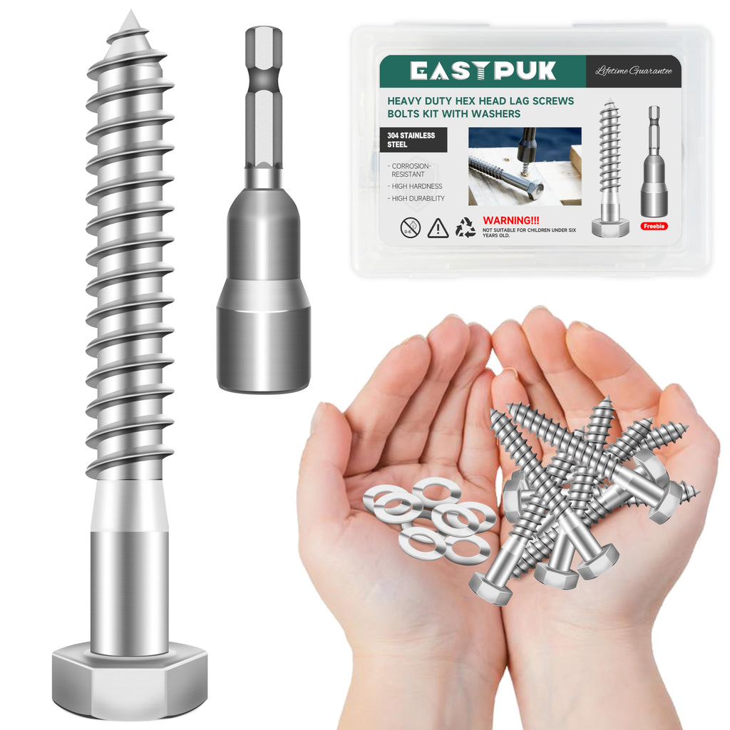 (12Sets) 5/16 Bolt, 5/16" x 2-1/2" Hex Head Lag Bolts, Heavy Duty Lag Screws with Washers, 304 Stainless Steel 18-8, 5/16 Bolt for Wood, Partial Thread 5/16" x 2-1/2" 12