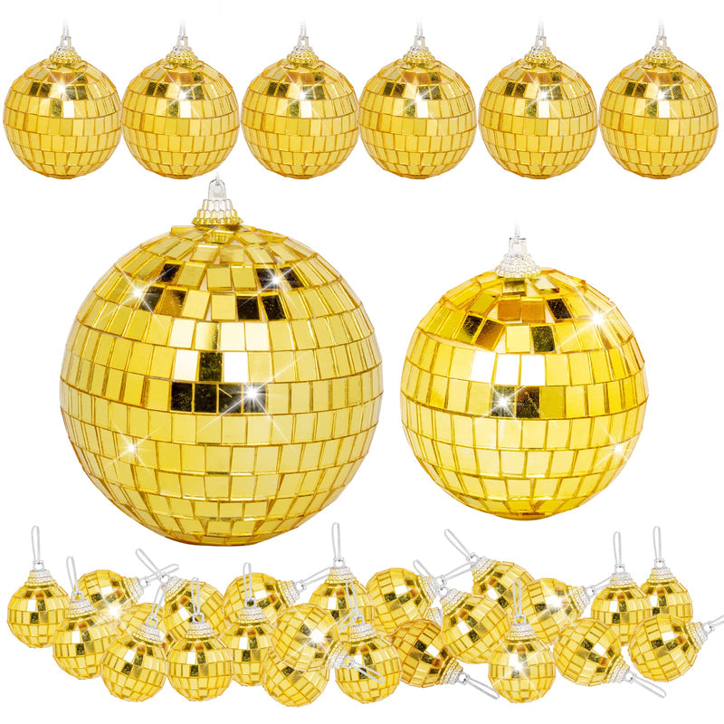 32 Pack Mini Disco Balls Decorations Different Sizes Mirror Ball with Hanging String Small Disco Ball Ornament for Disco Theme Party Cake Topper DJ Club Christmas Wedding Home Decor (Gold) Gold