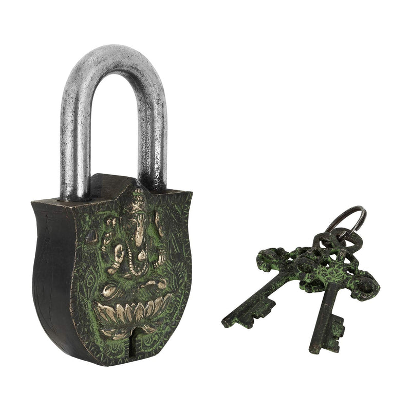 Zap Impex Decorative Ganesh Engraved Solid Brass Shutter Padlock with Natural Patina in a Beautifully Decorated Padlock Ornamental Antique Handmade Lock for Safe.
