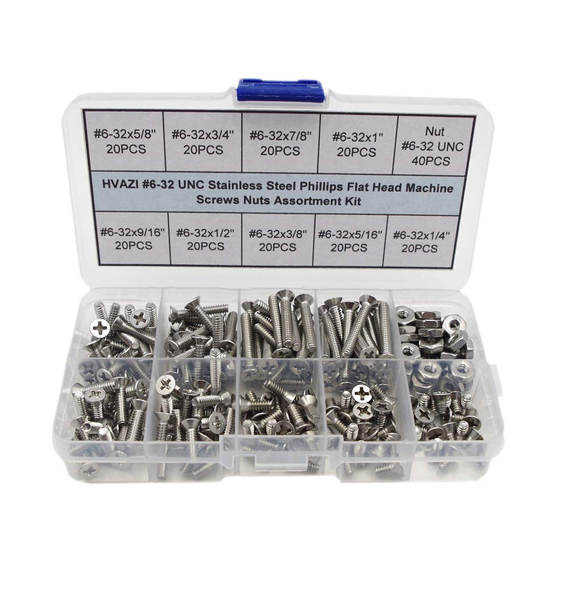 #6-32 UNC Stainless Steel Phillips Flat Head Machine Screws Nuts Assortment Kit #6-32UNC