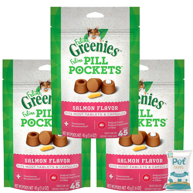 ( 3 Pack) Feline GREENIES Pill Pockets for Cats Natural Soft Cat Treats, Salmon 1.6 oz. (45 Treats Each) with 10ct Pet Wipes - PawsPlanet Australia