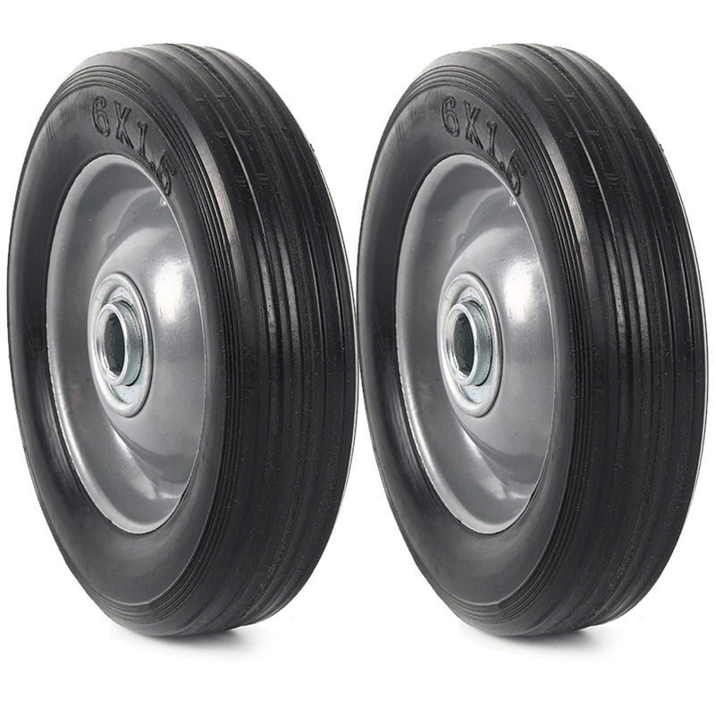 (2-Pack) AR-PRO 6” x 1.5” Flat Free Solid Rubber Wheel Assemblies - Replacement Hand Truck Wheels with Ball Bearings and 5/8” Bore Hole Diameter - Heavy-Duty Solid Rubber Wheels 132 lbs Load Capacity 5/8"