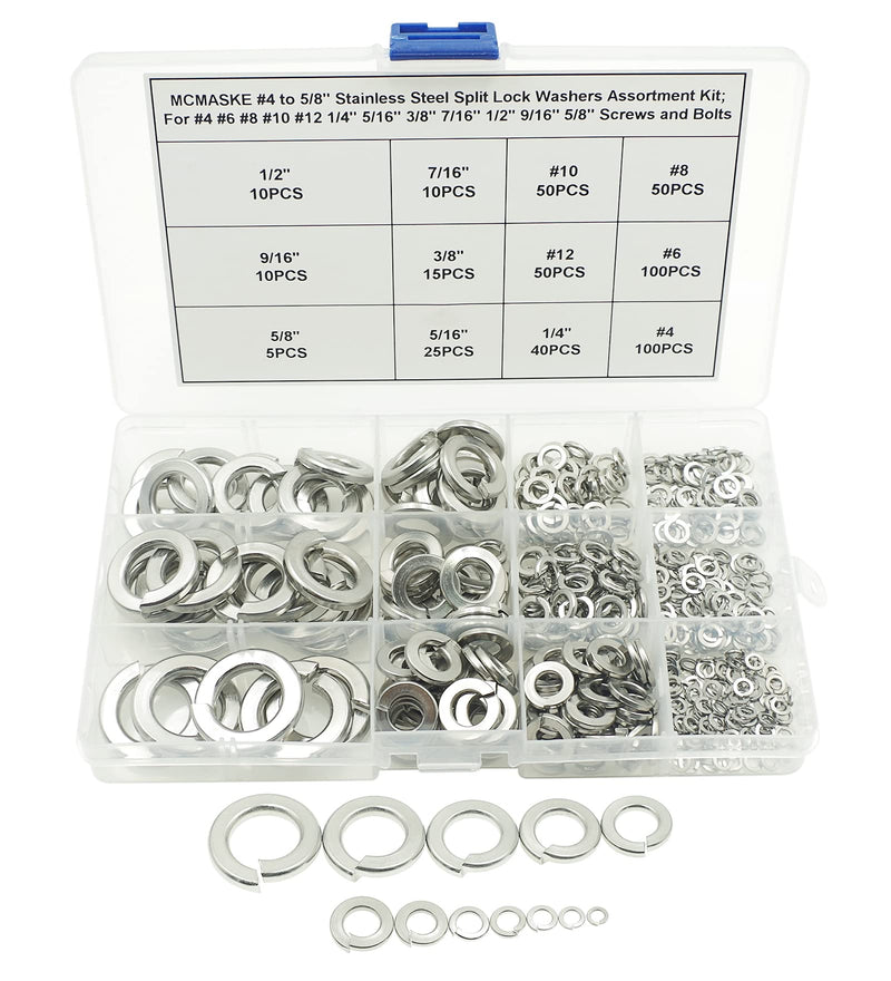 #4 to 5/8 Stainless Steel Split Lock Washers Assortment Kit,for #4#6#8#10#12 1/4" 5/16" 3/8" 7/16" 1/2" 9/16" 5/8" Screws/Bolts