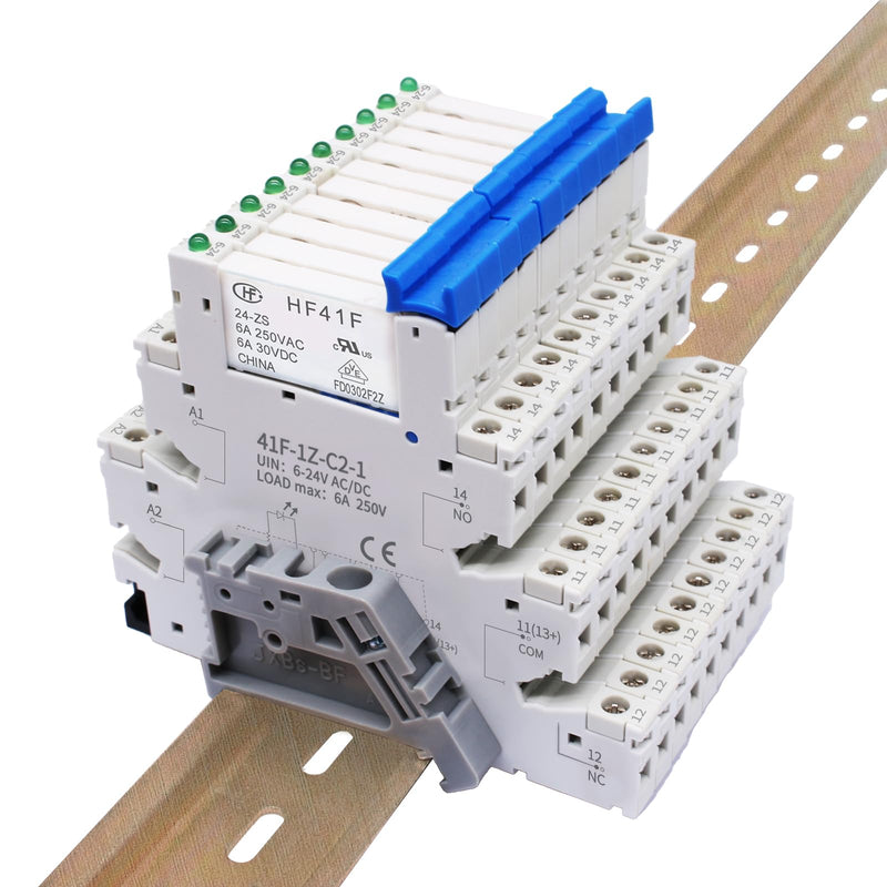 (10Pcs) 24V Relay Din Rail;Silm;Signal Relay for PLC;24VDC and 24VAC Both;HF41F/24-ZS 5 Pin 1NO 1NC 6A SPDT with LED Indicator with Socket Base;Max 6A 250VAC;24 Coil dc/ac 10
