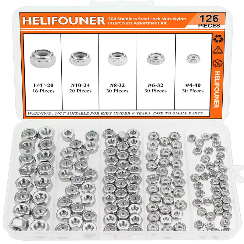 #4-40#6-32#8-32#10-24 1/4"-20 Lock Nuts, HELIFOUNER 126 Pieces 5 Sizes Nylon Insert Hex Lock Nuts Assortment Kit, 304 Stainless Steel (18-8) Locknuts, Coarse Thread #4-40 to 1/4"-20 Lock Nuts Kit