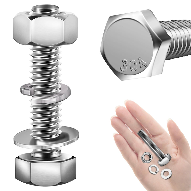 (10 Sets) 1/4-20x1-1/2 Hex Head Nuts and Bolts with Flat & Lock Washers, 304 Stainless Steel 18-8, Fully Threaded, 1/4 Bolt Metric Bolt Assortment 1-1/2" (Silver) 1/4-20" 10