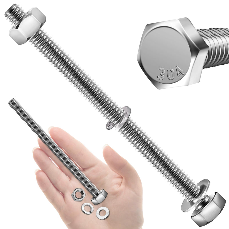 (10 Sets) 1/4-20x4 Hex Head Assorted Screws Nuts and Bolts with Flat & Lock Washers, 304 Stainless Steel 18-8, Fully Threaded, 1/4 Bolt Metric Bolt Assortment 4" (Silver) 1/4-20" 10