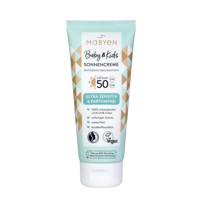 MABYEN sun cream baby and kids SPF 50 100ml | High sun protection - certified natural cosmetics - Natrue, vegan, perfume-free, climate-neutral aquatic - NewNest Australia