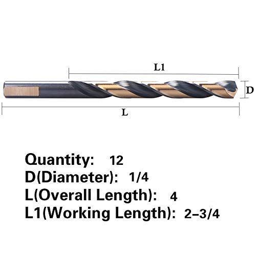 12 PCS,1/4", HSS Black and Gold Coated Twist Drill Bits, Metal Drill, Ideal for Drilling on mild Steel, Copper, Aluminum, Zinc Alloy etc. Pack in Plastic Bag - NewNest Australia