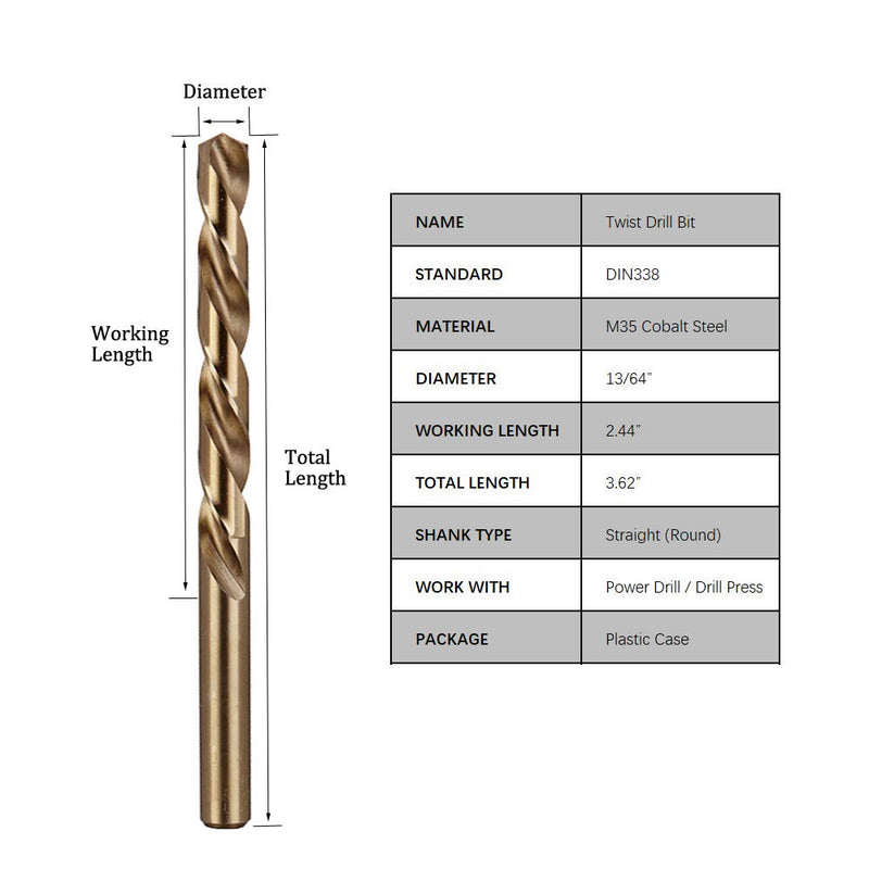 Hymnorq M35 Cobalt Steel Fractional 13/64 Inch Dia. x 3.62 Inch Long Twist Drill Bit Set of 10pcs, Jobber Length and Round Shank, 135 Degree Split Point Heat Resistant for Stainless Steel 13/64"(10pcs) - NewNest Australia