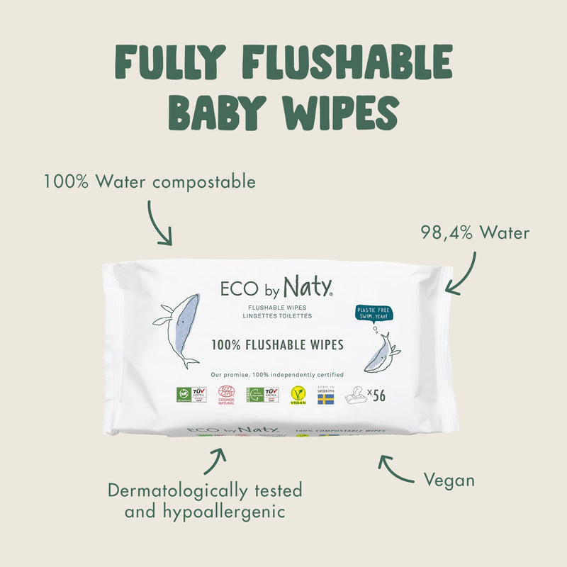 Eco by Naty Flushable Baby Wipes - Compostable and Plant-Based Wipes, Chemical-Free and Hypoallergenic Baby Wipes Safe for Baby Sensitive Skin, 56 Wipes Per Pack (3 Pk) 56 Count (Pack of 3) - NewNest Australia