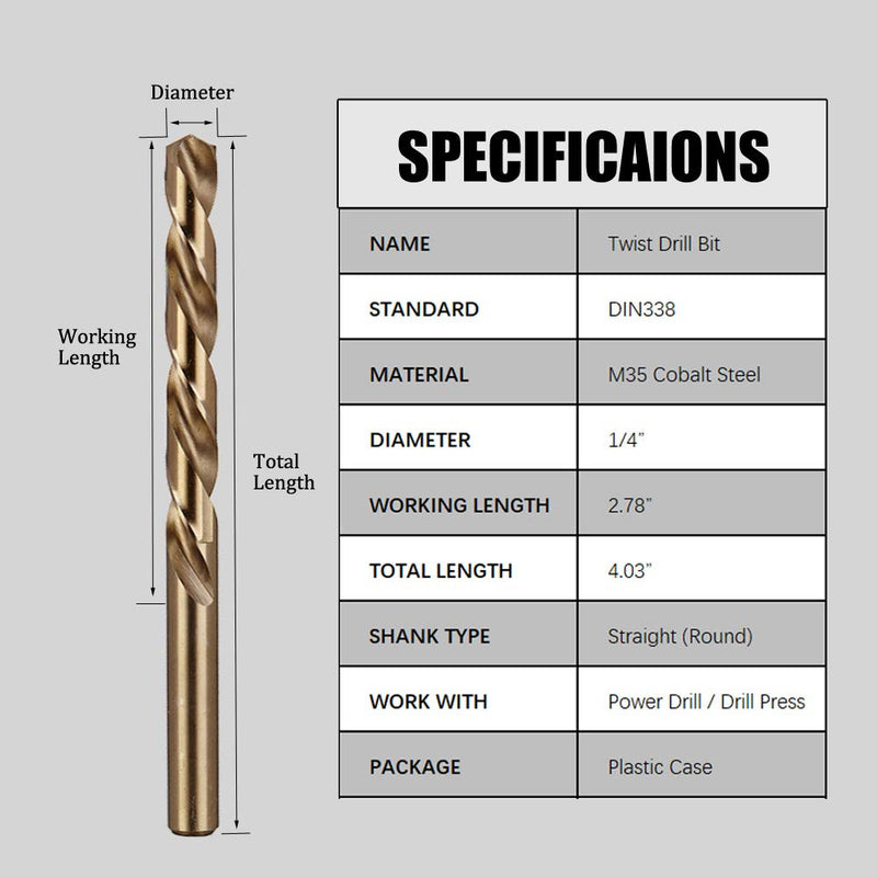 Hymnorq 1/4 Inch Fractional Size M35 Cobalt Steel Twist Drill Bit Set of 10pcs, Jobber Length and Straight Shank, Extremely Heat Resistant, Suitable for Drilling in Stainless Steel and Iron 1/4"(10pcs) - NewNest Australia