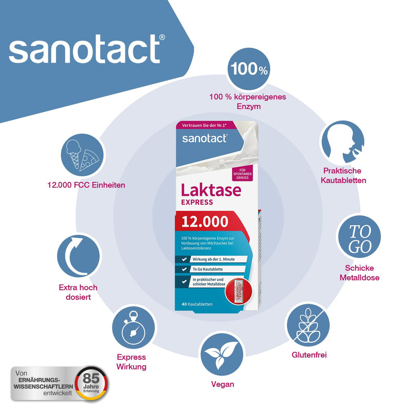 Sanotact Lactase 12,000 Express ‚ 40 Lactose Tablets With Immediate Effect + Extra High Dose ‚ Lactose Tablets For Lactose Intolerance + Milk Intolerance - NewNest Australia