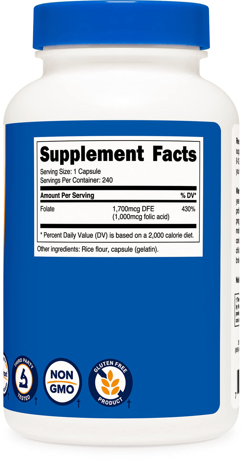 Nutricost Folic Acid (Vitamin B9) 1000 mcg, 240 Capsules 240 Count
