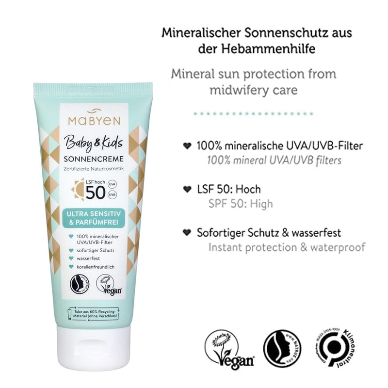 MABYEN sun cream baby and kids SPF 50 100ml | High sun protection - certified natural cosmetics - Natrue, vegan, perfume-free, climate-neutral aquatic - NewNest Australia