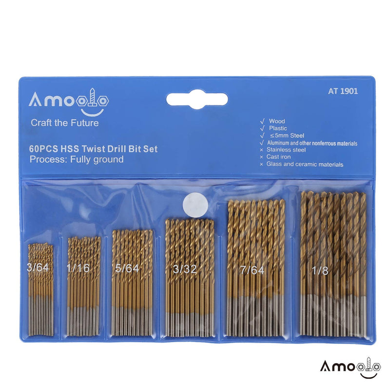 amoolo Titanium Drill Bit Set (60 pcs), Premium 4341 HSS Micro Drill Bits for Wood, Metal, Steel, Plastic, Aluminum Alloy, 3/64"-1/8" 3/64"-1/8" - NewNest Australia
