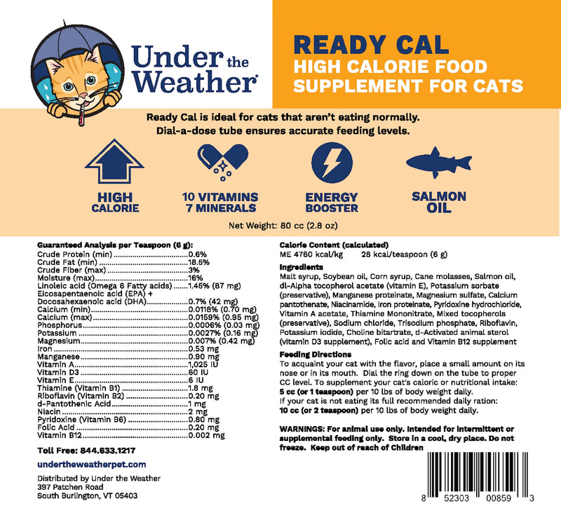 Under the Weather Pet | Ready Cal for Cats 100cc | High Calorie Nutritional Supplement for Weight Gain & Not Eating | 10 Vitamins, 7 Minerals, Omega Fatty Acids For Cats - Ready Cal 100cc - NewNest Australia