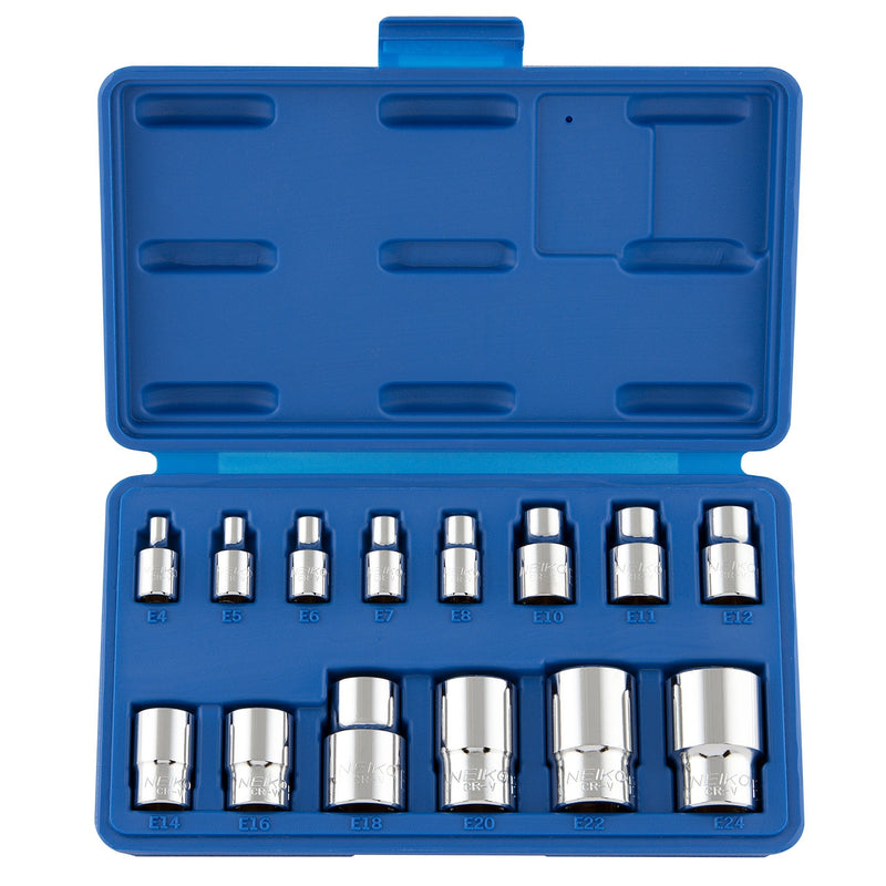 NEIKO 04300A E-Torx Socket Set | 14 Piece | External E4 to E24 | 1/4”, 3/8” and 1/2” Drive | Female Star External Torx | Cr-V Steel - NewNest Australia