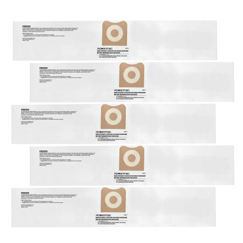 POWERTEC 75017 High Efficiency Replacement Filter Bags for Ridgid/Workshop Wet/Dry Vacuum VF3501 / WS32045F (Pack of 5) Fit Ridgid/Workshop VF3501 / WS32045F - NewNest Australia