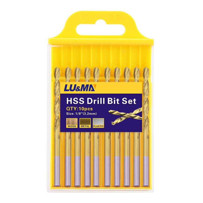 1/8” Titanium Coated Twist Drill Bit Set, High Speed Steel Jobber Length Drill, Split Point, 10PCS (For Wood, Plastic and Metal) 1/8 in - NewNest Australia