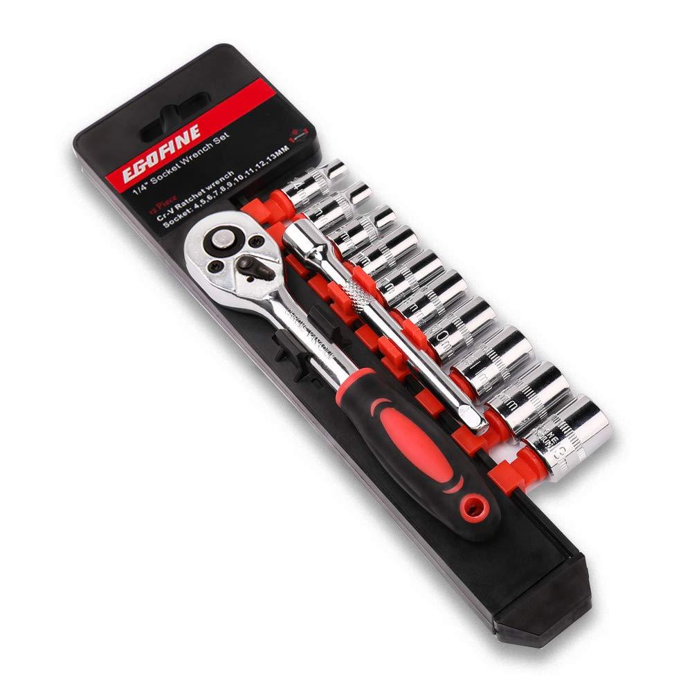 Egofine 12pcs 1/4 Inch Ratchet Socket Wrench Set, Drive Socket Set with 10 Sockets 4-13mm and 2 Way Quick Released Ratchet Handle and Extension Bar - NewNest Australia