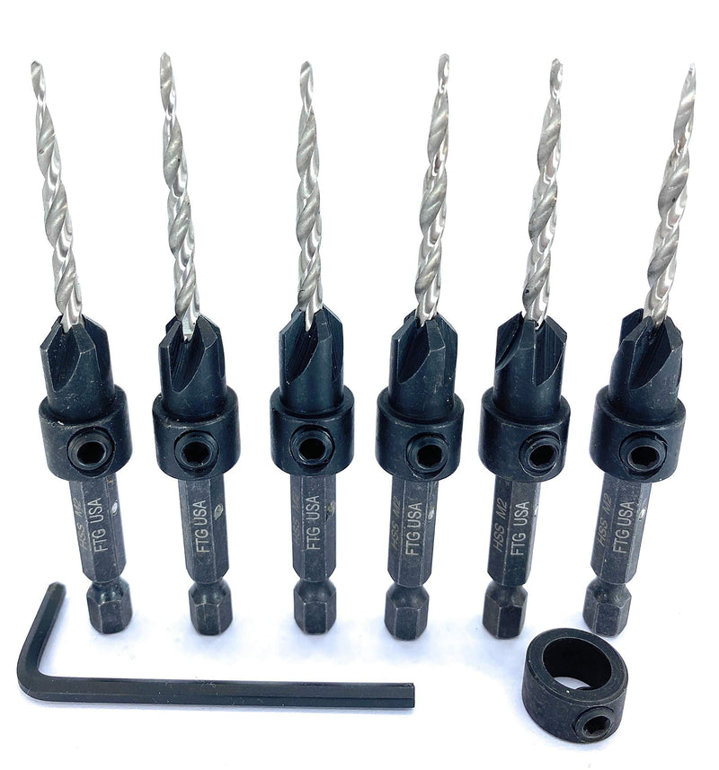FTG USA Maximum Torque 6 Piece Same Size #6 (9/64") Pro Pack - Adjustable Wood Countersink Drill Bit Set with Woodworking Tapered HSS Bits secured with Pin - 1 Depth Stop Collar 3/8" and 1 Hex Wrench (1/8" Allen Key) #6 (9/64") - NewNest Australia